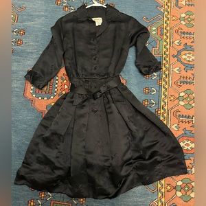 50% Silk 50% Rayon Vintage 50s 60s Black Shirtdress British Hong Kong EVC